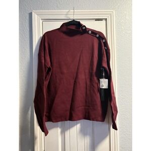 Tahari Embellished Mock‎ Neck Sweater XL Burgundy Rhinestone Button Shoulder NWT